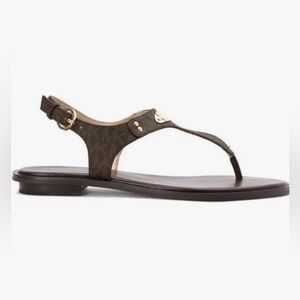Michael Kors MK Plate Flat Thong Sandals Brown Tow Tone Logo Pattern Size 7